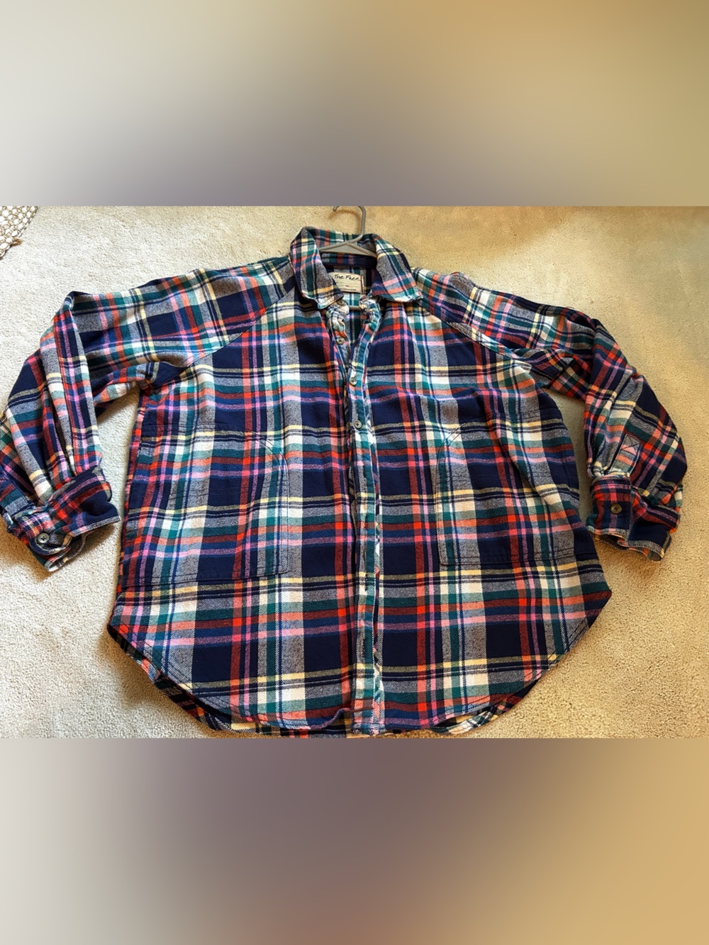 Free People Navy Plaid Flannel Button-Down Shirt - oversized
